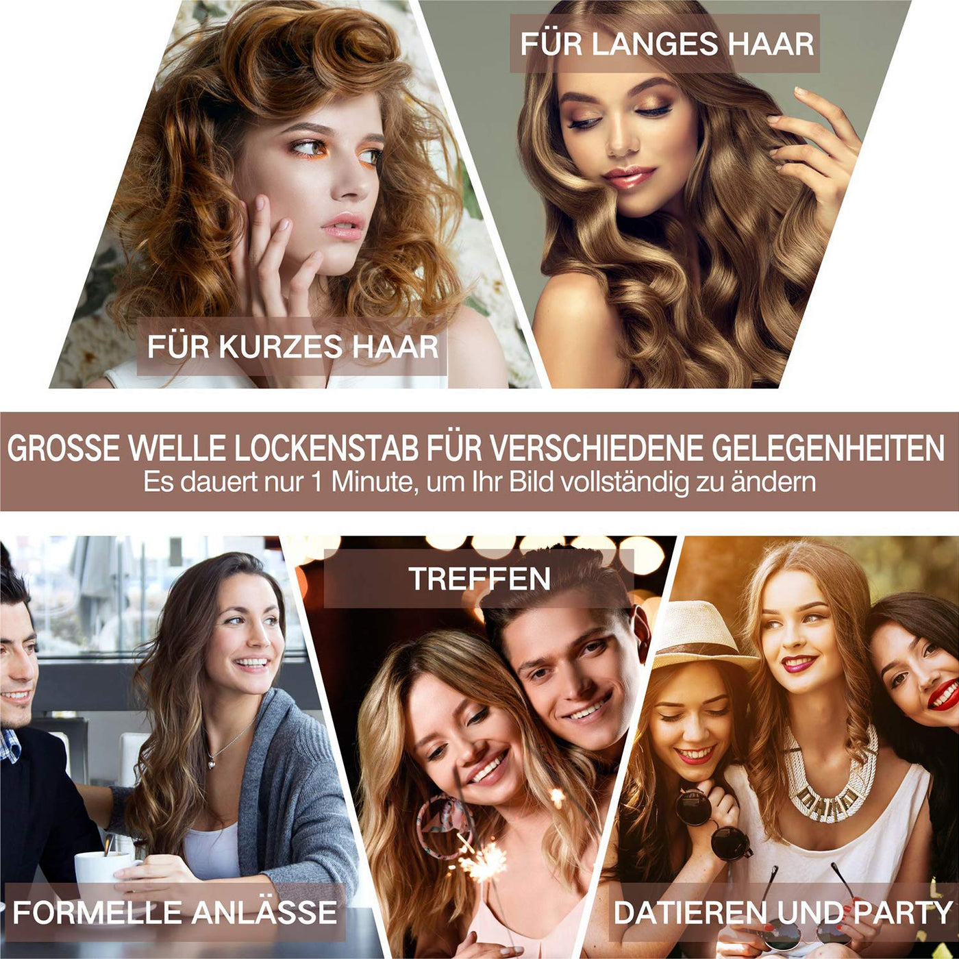 3 Fässer welleneisen, TOP4EVER lockenstab mit 3 stäben mit einstellbarer Temperatur, Welleisen Schnelle Heizung Große Welle für Lange/kurze Haare, Haar Styling Werkzeug 22mm