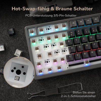 RK ROYAL KLUDGE M75 Gaming Tastatur kabellos 75% Prozent TKL Mechanische Tastatur RGB 2,4 GHz Wireless/Bluetooth/USB-C QWERTZ mit OLED-Smart-Display und Knopf Hot Swappable Braune Schalter, Grau