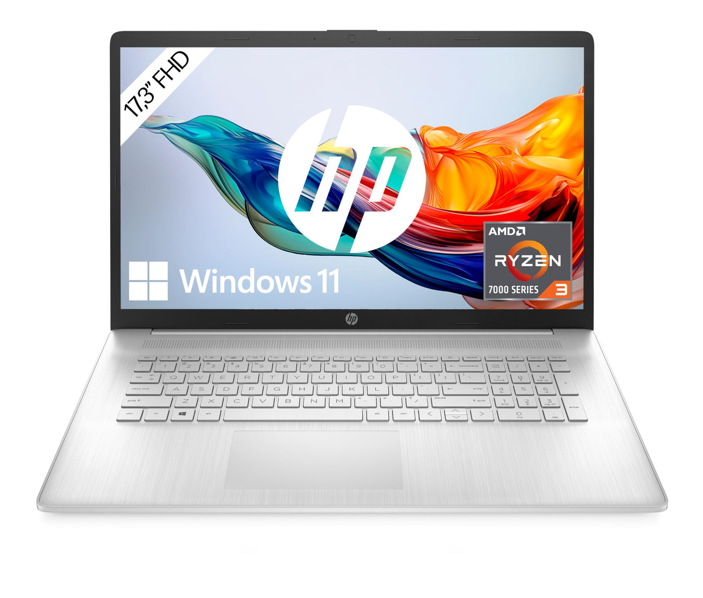 HP Laptop mit 17,3 Zoll (43,9 cm) FHD IPS Display, AMD Ryzen 3 7320U, 8 GB RAM, 256 GB SSD, AMD Radeon-Grafik, Windows 11 Home, QWERTZ Tastatur, HP Fast Charge, Silber