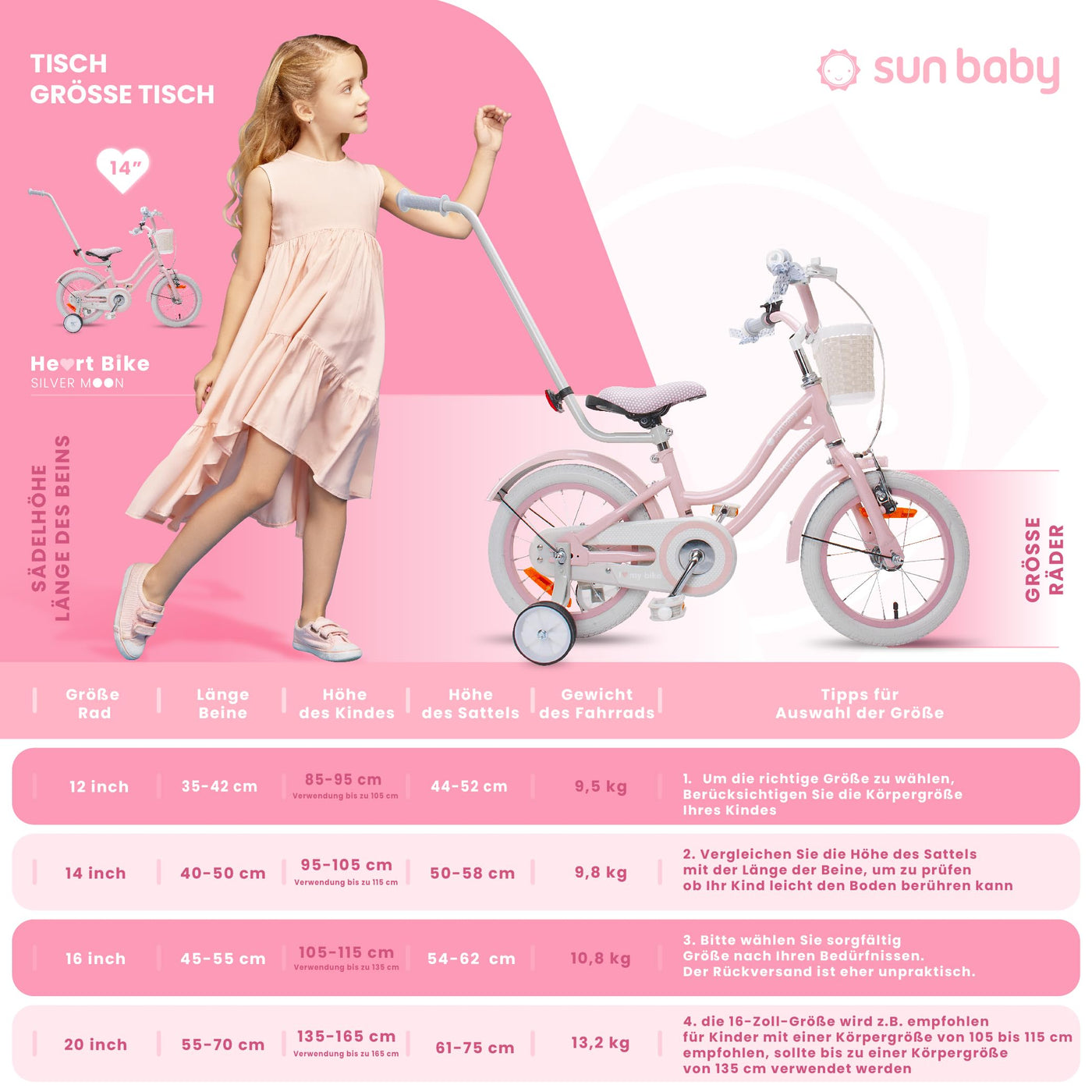 sun baby Mädchenfahrrad 14 Zoll Radgröße Heart Bike zur Auswahl, mit Abnehmbarer Schubstange, Kinderfahrrad für Mädchen von 2 bis 6 Jahre (Silver Moon Rosa, 14 Zoll)