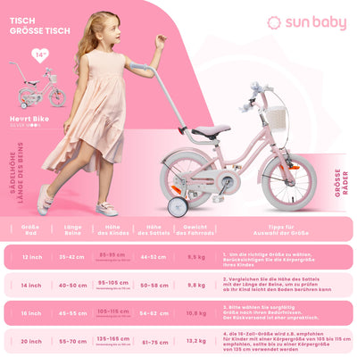 sun baby Mädchenfahrrad 14 Zoll Radgröße Heart Bike zur Auswahl, mit Abnehmbarer Schubstange, Kinderfahrrad für Mädchen von 2 bis 6 Jahre (Silver Moon Rosa, 14 Zoll)
