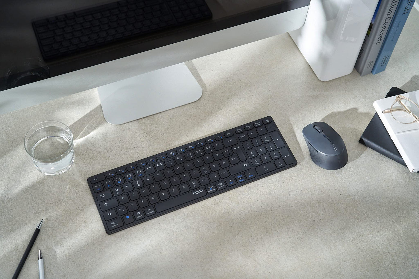 Rapoo 9700M kabelloses Tastatur-Maus Set Wireless Deskset 1600 DPI Sensor wiederaufladbarer Akku flaches Aluminium Design DE-Layout QWERTZ PC & Mac - dark grey