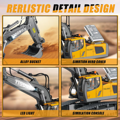 KIYTARBOO Ferngesteuertes Auto Bagger Spielzeug für ab 3 Jahre Sand Fahrzeuge Metall Ferngesteuert, 11CH, 2,4 GHz RC Bagger mit Licht und Sound 680° Drehung, Geschenke für Jungen ab 5 6 7 8 9 10 11 12