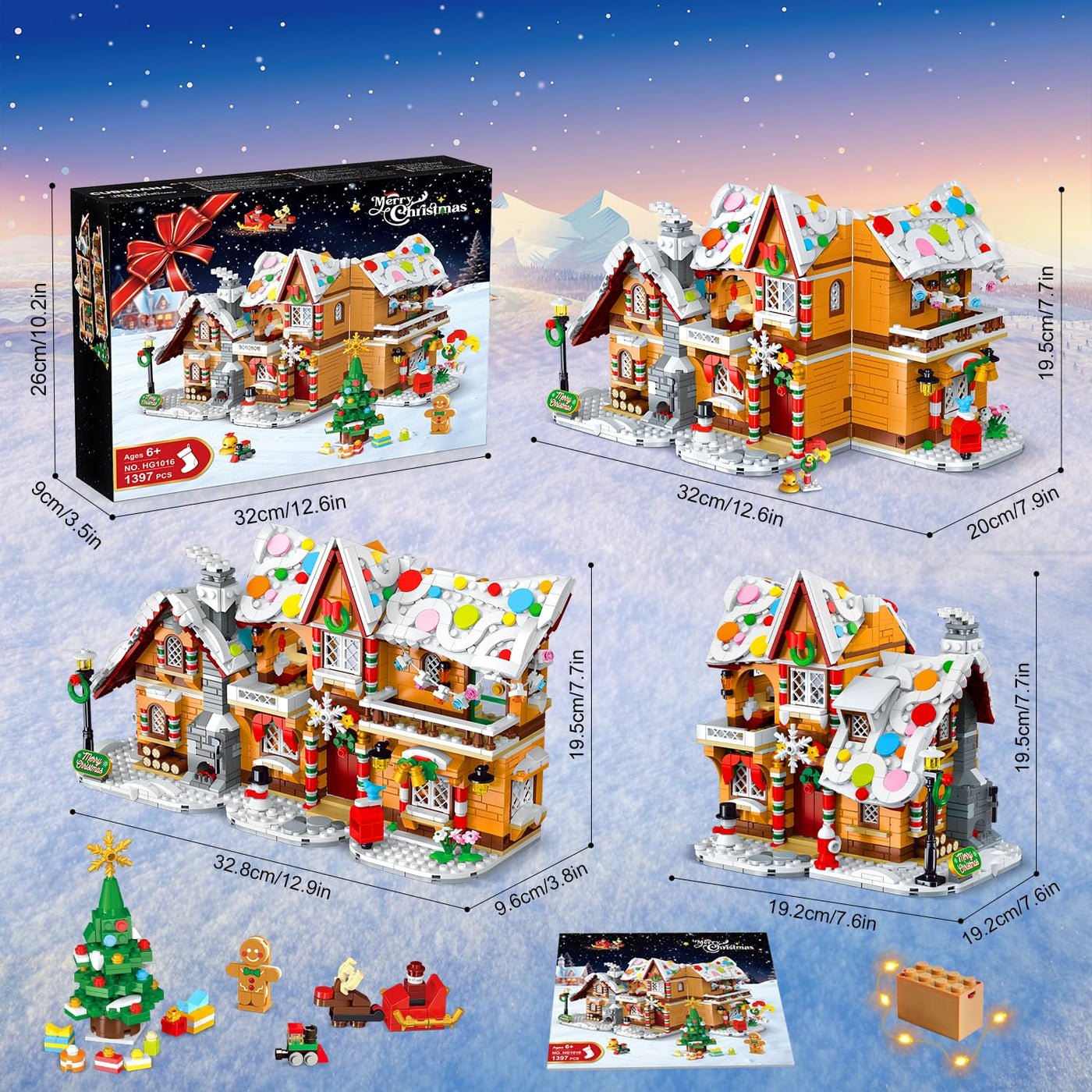 2025 Weihnachts Lebkuchenhaus Bausatz mit Licht – 3 Stilmodi Weihnachtsdorf Bausteine mit Weihnachtsmann Weihnachtsbaum Zug –Weihnachts Klemmbausteine für Erwachsene Kinder Jahren 6+（1477Stück）
