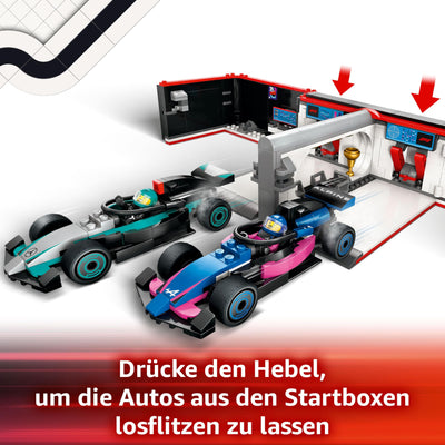 LEGO City F1 Garage mit Mercedes-AMG & Alpine Rennautos - Spielzeug Formel 1 Rennwagen mit 2 Rennfahrern & 4 Mechaniker Minifiguren - Geschenk für Jungen & Mädchen ab 7 Jahren und Fans 60444