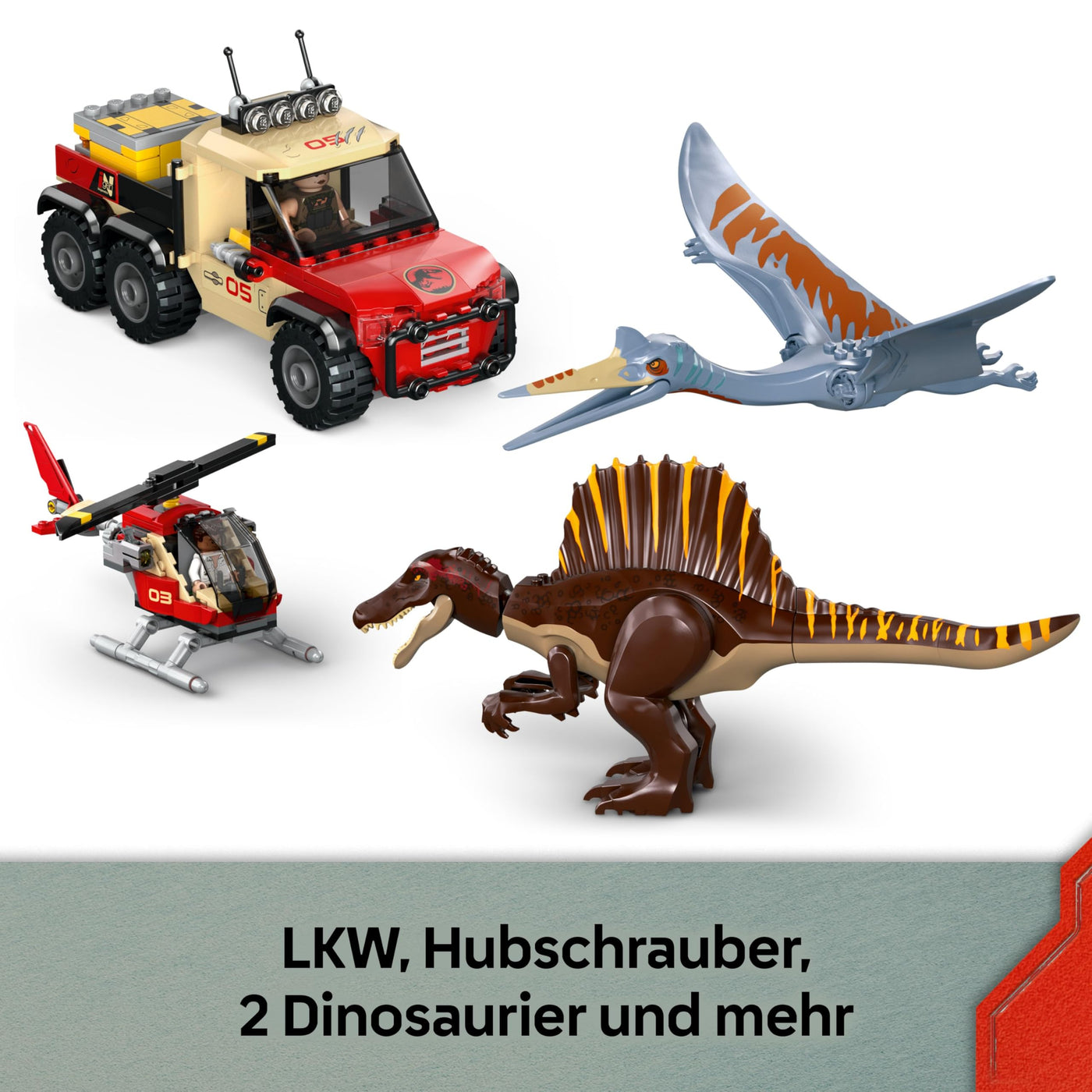 LEGO Jurassic World Spinosaurier & Quetzalcoatlus: Hubschrauber-Einsatz – 2 Spielzeug-Dinosaurier, Hubschrauber, LKW und 4 Minifiguren – Geschenk für Jungen und Mädchen ab 8 Jahren – 76976