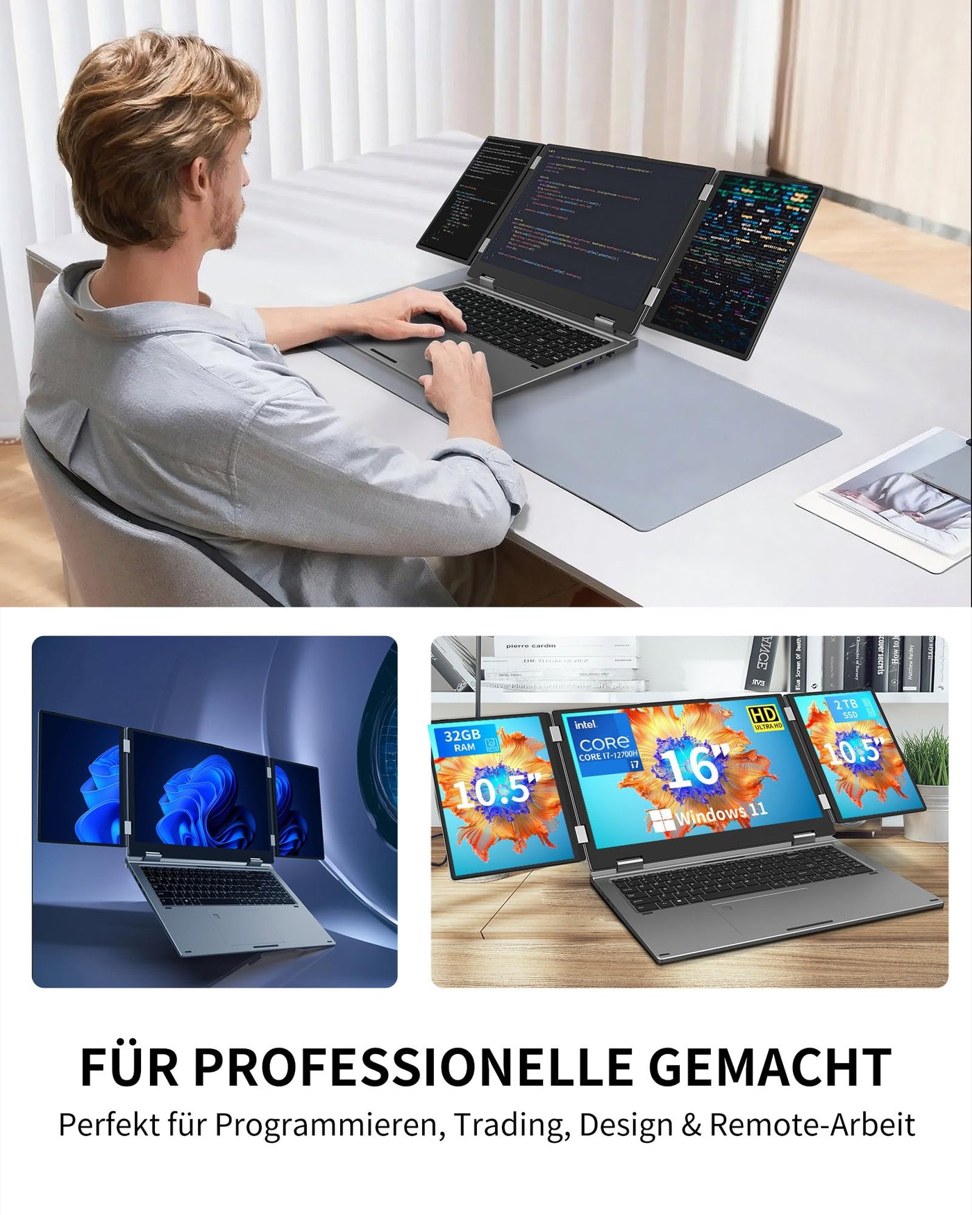 Laptop mit 3 Bildschirmen, 16" Hauptdisplay + 2x10,5", i7-12700H, 32GB RAM, 2TB SSD, Win 11 Pro, Wi-Fi 6, BT 5.2, Gesicht-/Fingerabdruck, deutsches QWERTZ-Layout, USB-C, HDMI