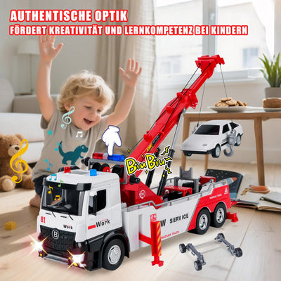 Charmofun Abschleppwagen Spielzeug Kinder, Transporter Lastwagen mit Beweglichem Kran, Recovery Abschlepper Spielzeug mit Licht und Sounds, Geschenk Vielseitiger Abschleppauto für Kinder ab 3 Jahren