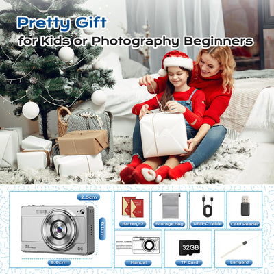 Digitalkamera Kinder Kompaktkamera kinderkamera, 1080P FHD 56MP Fotoapparat Digitalkamera Vintage Mini Fotos für Kinder Teenager Studenten Anfänger, 2 * Batterien, 32 GB (Silber)