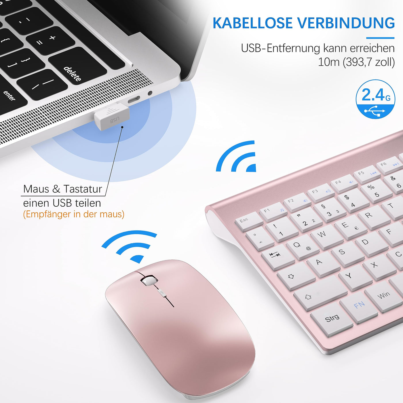 Tastatur Maus Set Ultra Slim, TopMate 2,4G Stille Compact USB 2400DPI Maus und Schissschalter Tastatur mit Abdeckung, mit 2 AA & 2 AAA Batterien für PC/Laptop/Windows/Mac-Rose Gold Weiß