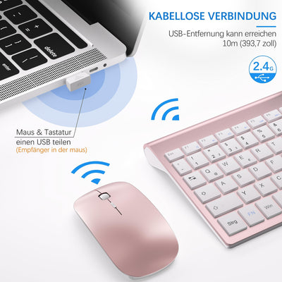 Tastatur Maus Set Ultra Slim, TopMate 2,4G Stille Compact USB 2400DPI Maus und Schissschalter Tastatur mit Abdeckung, mit 2 AA & 2 AAA Batterien für PC/Laptop/Windows/Mac-Rose Gold Weiß