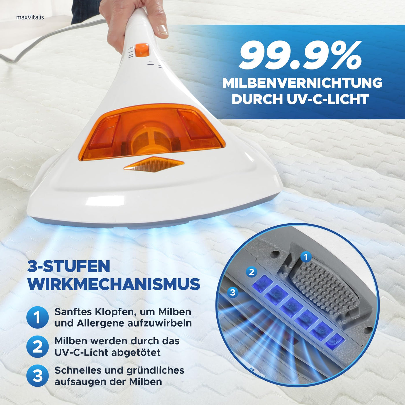 maxVitalis Milben-Handstaubsauger UV-C Licht, Sterilisation u. Reinigung, Matratzensauger, HEPA-Filtration vernichtet bis zu 99,9% Aller Milben, ohne Beutel, Starke Saugleistung, für Allergiker