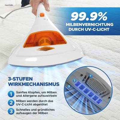 maxVitalis Milben-Handstaubsauger UV-C Licht, Sterilisation u. Reinigung, Matratzensauger, HEPA-Filtration vernichtet bis zu 99,9% Aller Milben, ohne Beutel, Starke Saugleistung, für Allergiker
