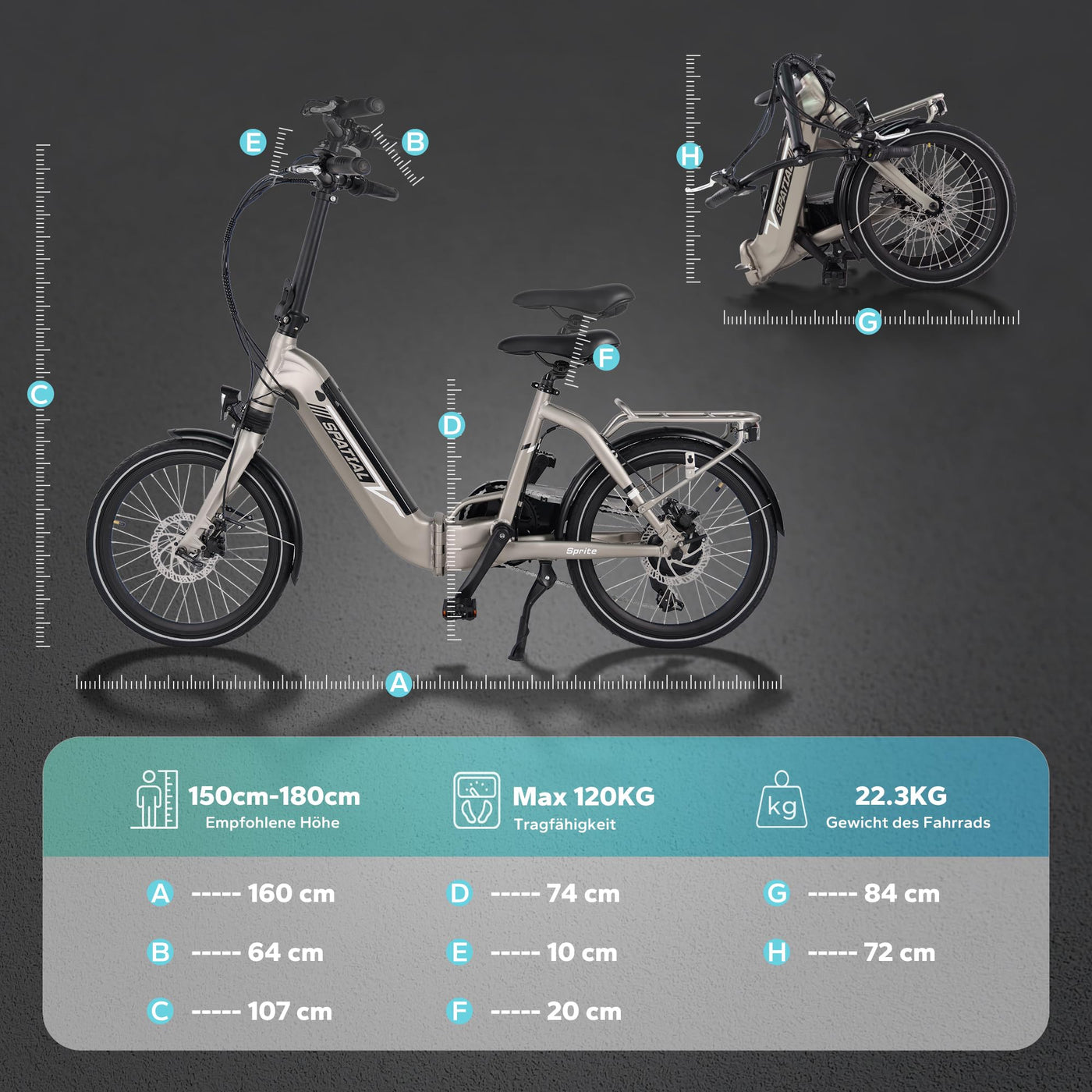 SPATIAL E Bike Klappard, 20 Zoll Elektrofahrrad, 40NM 250W Motor 36V 374.4Wh Batterie, 7 Gang Schaltung LCD Anzeige, Herren Damen City Ebike