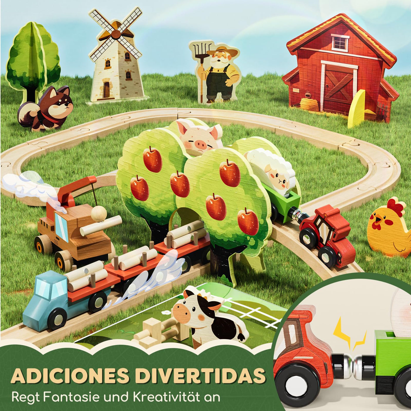 Lehoo Castle Holzeisenbahn, Eisenbahn Kinder, Holz Bauernhof Spielzeug ab 3 Jahre, Zug Spielzeug für Kinder ab 3 4 5