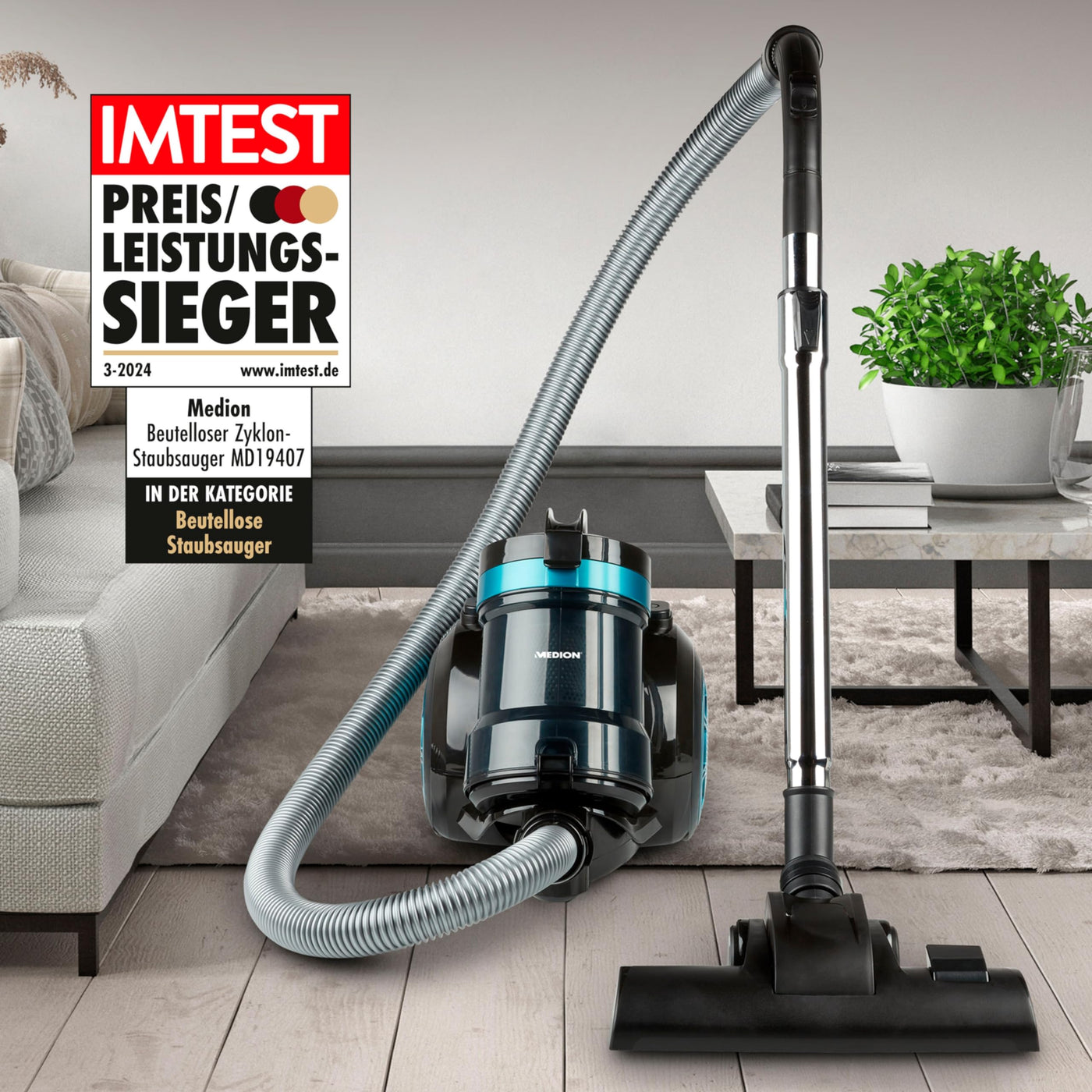 MEDION Zyklon-Staubsauger 800 Watt Leistung, 2 Liter Staubbehälterkapazität, 5 m Arbeitsradius, waschbarer EPA-Filter E12, MD 19407, blau