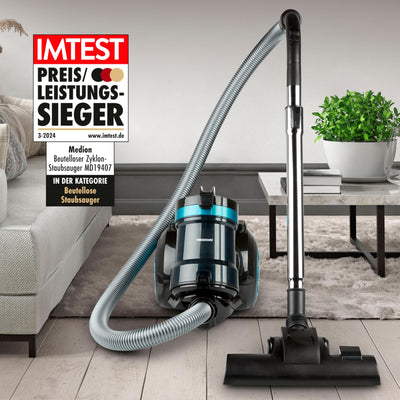 MEDION Zyklon-Staubsauger 800 Watt Leistung, 2 Liter Staubbehälterkapazität, 5 m Arbeitsradius, waschbarer EPA-Filter E12, MD 19407, blau