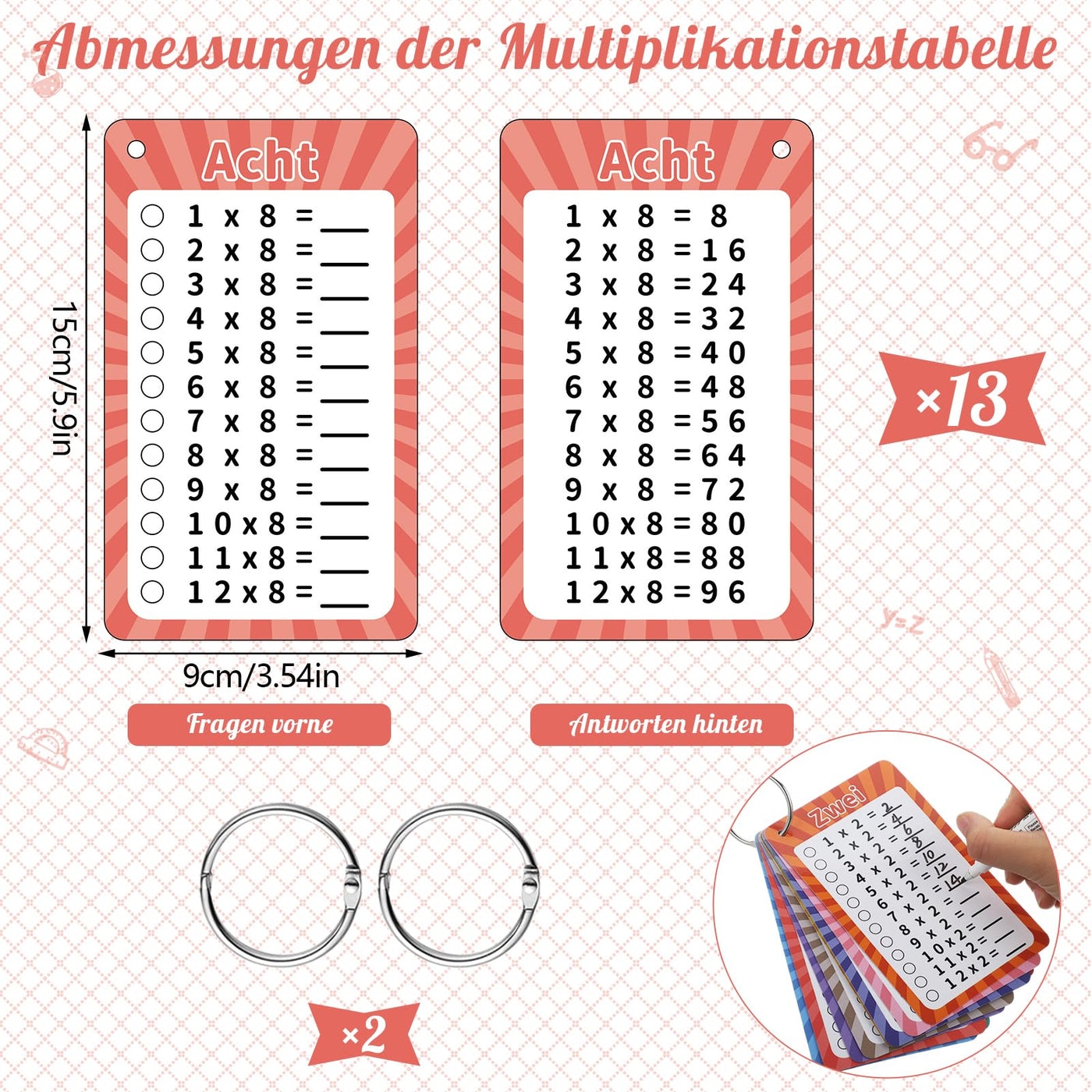 1x1 Lernkarten, Einmaleins Spiel 1x1 Lernen Spiel Einschulung Geschenk Spiele ab 5 Jahren zum Rechnen Lernen (13 Blätter)