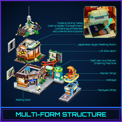 FUNWHOLE Cyberpunk Japanisches Izakaya Licht-Baustein Set – 1987 Teile Modularer Cyberpunk Neon-Stadt Zukunfts-Pub Japanische Straßenszene LED-Licht Modellset für Erwachsene und Sci-Fi-Fans