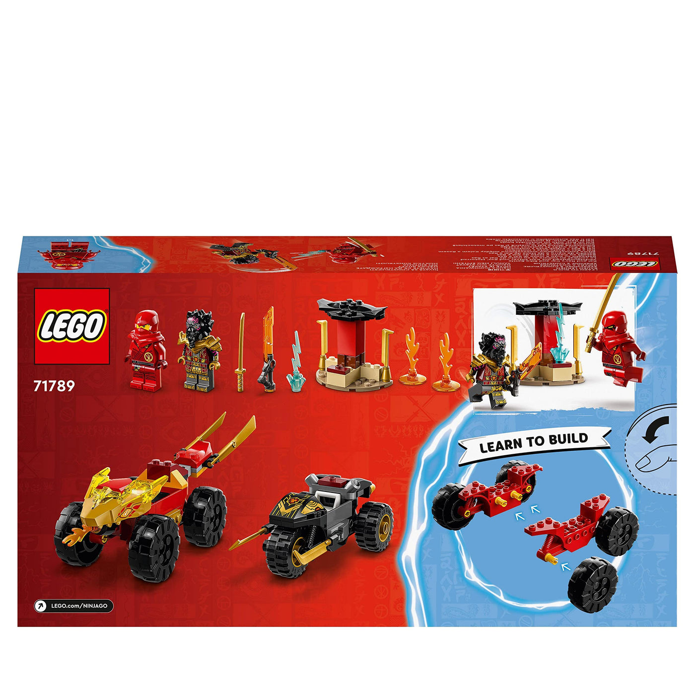 LEGO NINJAGO Verfolgungsjagd Set mit Kais Flitzer und Ras' Motorrad, Spielzeug für Kinder ab 4 Jahren, Ninja-Auto-Spielzeug zum Bauen, Minifigur zum Sammeln 71789