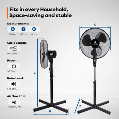TRESKO AERSON Standventilator 40cm | Ventilator höhenverstellbar bis 120cm | hoher Luftdurchsatz und sehr leise | Windmaschine mit 3 Geschwindigkeitsstufen | Oszillationsfunktion ca. 80° (Schwarz)