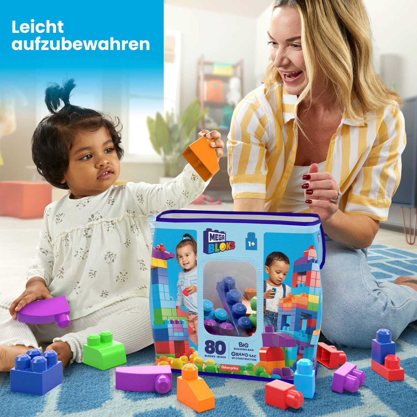 MEGA BLOKS Fisher-Price Bausteine für Kleinkinder, großer Bausteinebeutel mit 80 Teilen und Aufbewahrungsmöglichkeit, Blau, Geschenkideen für Kinder ab 1 Jahr, DCH63