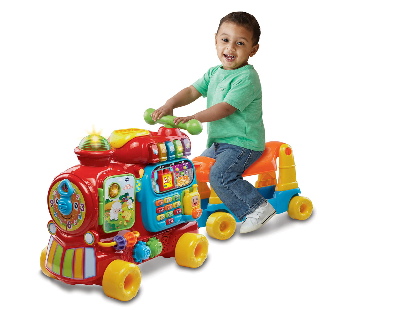 VTech Baby ABC-Eisenbahn – Rutschfahrzeug, Zieh- oder Laufwagen und Spielboard mit Zahlen, Buchstaben, Farben, Tieren und Musik – Für Kinder von 12-36 Monaten