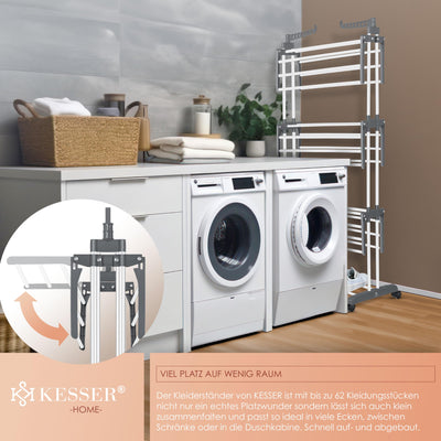 KESSER® Wäscheständer-Turm mit Rädern Platzsparender Wäschetrockner für Innen & Außen 4-Etagen 2 drehbare Seitenflügel und 6 klappbare Ebenen Standtrockner Wäscheturm Zusammenklappbar Weiß/Anthrazit