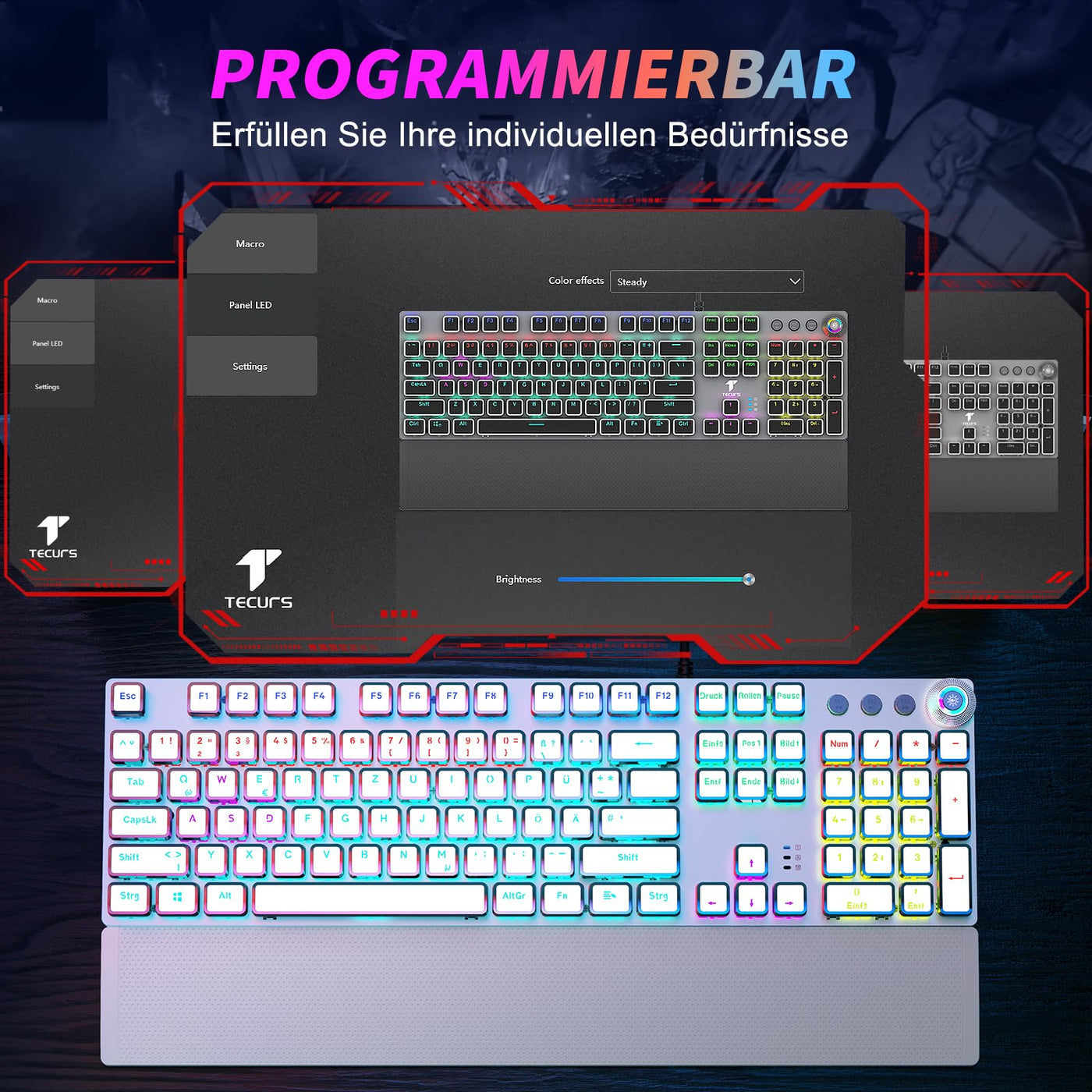TECURS Gaming Tastatur Mechanische - Gamer Tastatur Programmierbare mit Magnetische Handgelenkauflage, Rote Schalter, 19 LED Modi, Multimedia-Tasten, PC Tastatur mit Kabel QWERTZ DE-Layout, Weiß