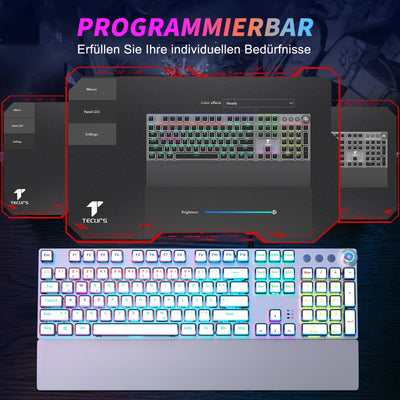 TECURS Gaming Tastatur Mechanische - Gamer Tastatur Programmierbare mit Magnetische Handgelenkauflage, Rote Schalter, 19 LED Modi, Multimedia-Tasten, PC Tastatur mit Kabel QWERTZ DE-Layout, Weiß
