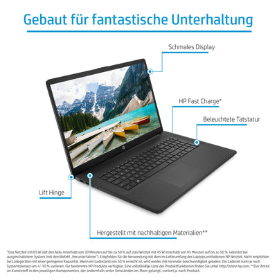 HP Laptop 17,3 Zoll HD+ Display, Intel Celeron N4120, 8GB DDR4 RAM, 256GB SSD, Intel UHD 600 Grafik, Windows 11, QWERTZ Tastatur, Schwarz