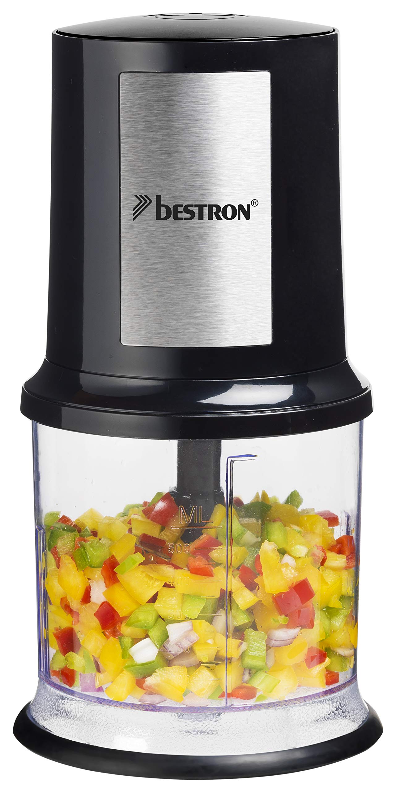Bestron elektrischer Multi-Zerkleinerer, Universalzerkleinerer mit zwei Schneidemessern & 500ml Kapazität, große Pulstaste, 3.000 U/min, AKC200NH, Nordic Home Kollektion, Farbe: Mattweiß/Holz
