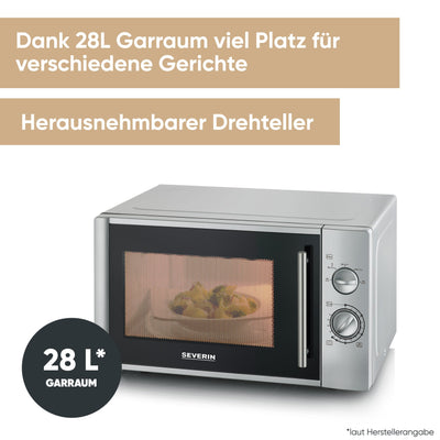 SEVERIN Mikrowelle 28L (Extra groß), Mikrowellengerät zum Auftauen und Erhitzen, Mikrowelle mit Drehteller für gleichmäßige Wärmeverteilung, 900W, Silber, MW 7772