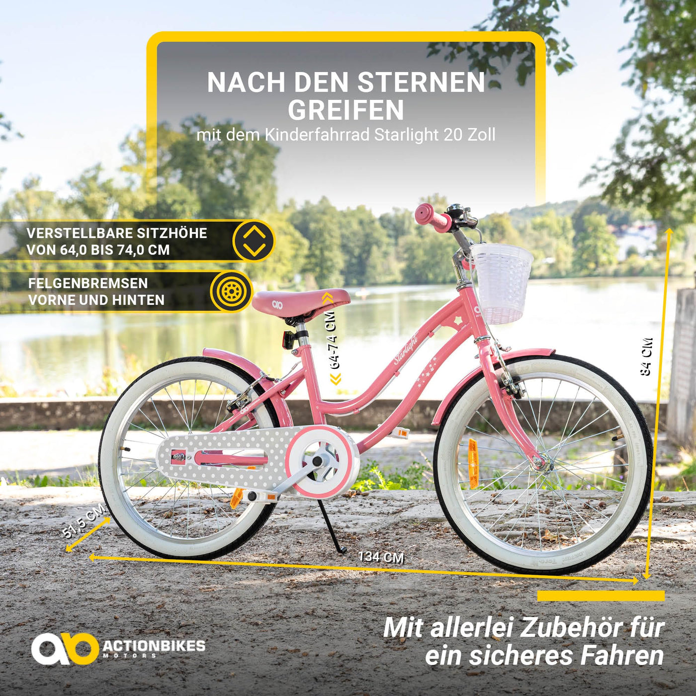 Actionbikes Kinderfahrrad Starlight | 20 Zoll - V-Brake Bremsen - Kinder Fahrrad für Mädchen - Von 6-9 Jahren - Kettenschutz - Stützräder - Kinderrad - Rosa (Starlight 20 Zoll)