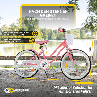Actionbikes Kinderfahrrad Starlight | 20 Zoll - V-Brake Bremsen - Kinder Fahrrad für Mädchen - Von 6-9 Jahren - Kettenschutz - Stützräder - Kinderrad - Rosa (Starlight 20 Zoll)