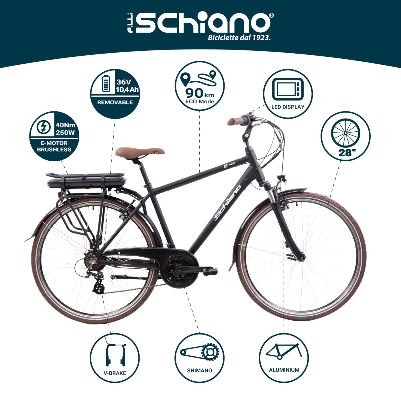 F.lli Schiano E-Ride, E Bike Trekking 28 Zoll, 36V 10.4Ah Abnehmbarer Akku, Motor 250W 40Nm, Trekking EBike für Herren, Schwarz