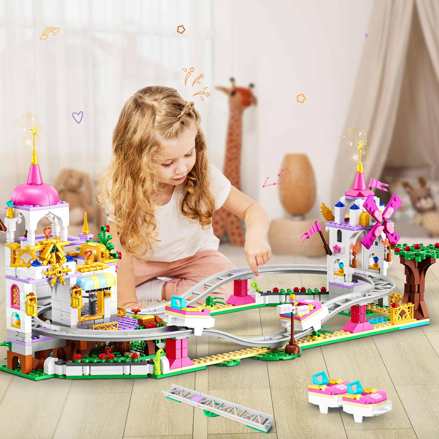 CUBIMANA Freund Achterbahn Baukasten - 719 Stück Mädchen City Vergnügungspark Achterbahn Baukasten Spielplatz Windmühle Bau Geburtstag Geschenk Spielzeug für Kinder Mädchen Jungen Alter 6 7 8 9 10 11+