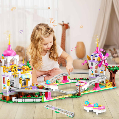 CUBIMANA Freund Achterbahn Baukasten - 719 Stück Mädchen City Vergnügungspark Achterbahn Baukasten Spielplatz Windmühle Bau Geburtstag Geschenk Spielzeug für Kinder Mädchen Jungen Alter 6 7 8 9 10 11+
