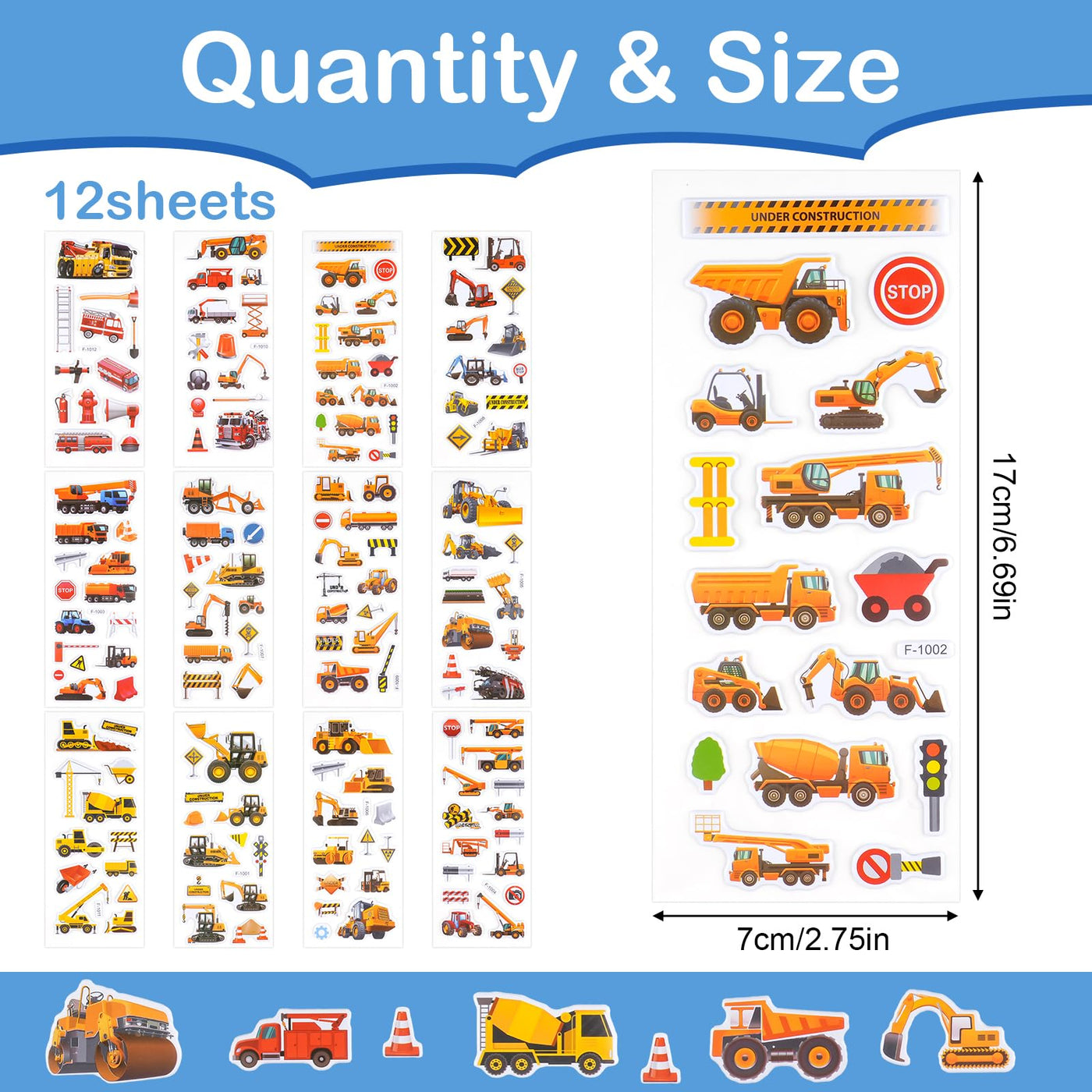 3D Aufkleber für Kinder & Kleinkinder, Auto Bagger Sticker 12 Blätter, Geschwollen Stickers für Jungen Mädchen Lehrer, Kindergeburtstag Gastgeschenke Party (17 * 7cm)