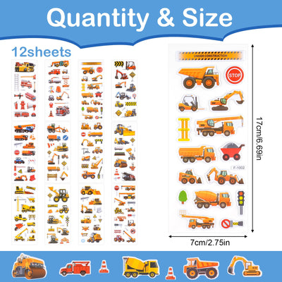 3D Aufkleber für Kinder & Kleinkinder, Auto Bagger Sticker 12 Blätter, Geschwollen Stickers für Jungen Mädchen Lehrer, Kindergeburtstag Gastgeschenke Party (17 * 7cm)