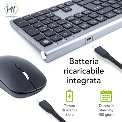 HomiTech Kabelloses Tastatur- und Maus-Set mit integriertem wiederaufladbarem Akku, kabellos, für Computer, PC, Tablet, kompatibel mit Windows Android Mac 16 Multimedia-Tasten, hohe Präzision, leise,