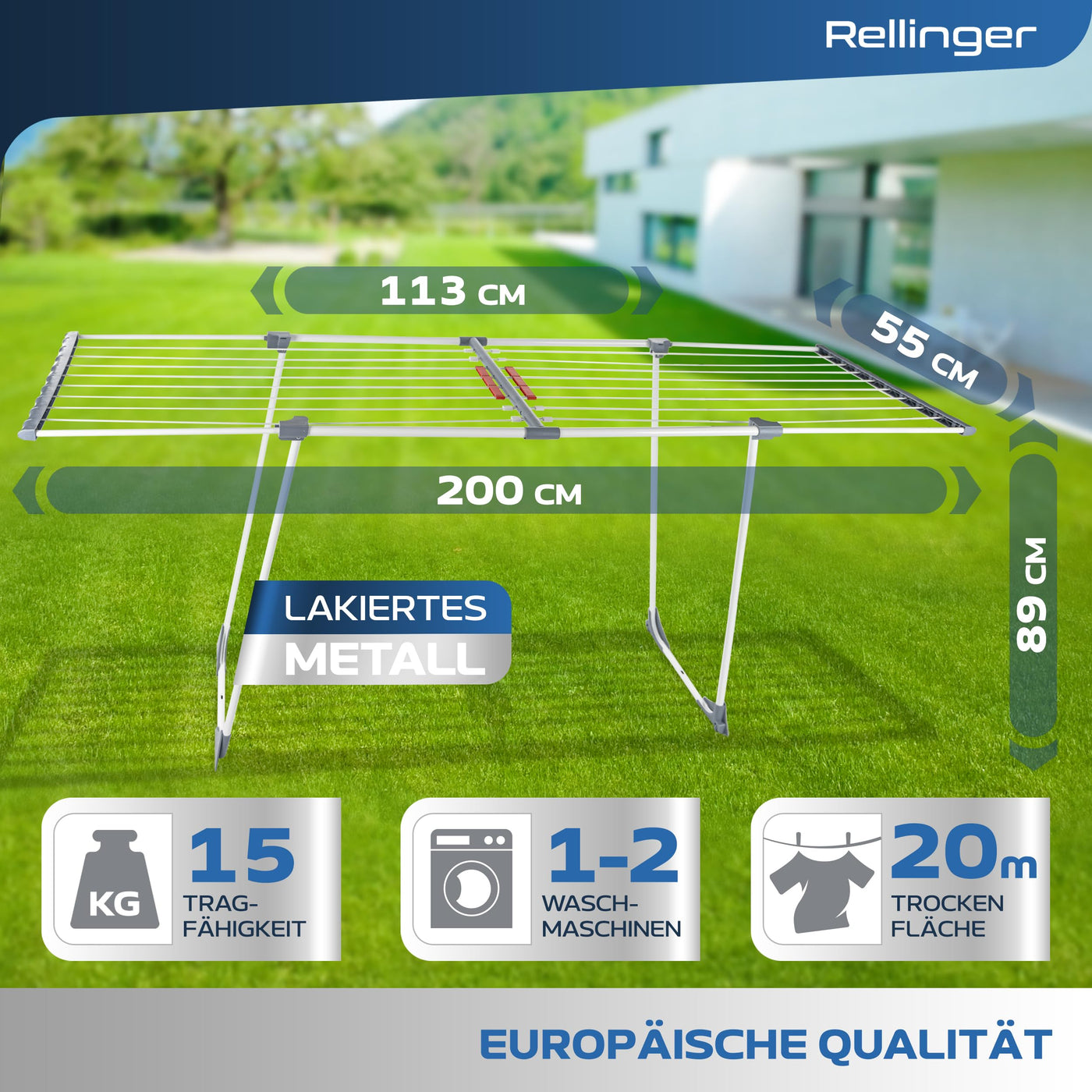 RELLINGER® Wäscheständer ausziehbar [20M TROCKENLÄNGE] - Wäscheständer hoch - Premium Wäschetrockner Ständer - Faltbarer Wäscheständer XXL - ausziehbarer Wäscheständer - Standtrockner rutschfest