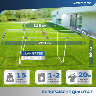 RELLINGER® Wäscheständer ausziehbar [20M TROCKENLÄNGE] - Wäscheständer hoch - Premium Wäschetrockner Ständer - Faltbarer Wäscheständer XXL - ausziehbarer Wäscheständer - Standtrockner rutschfest