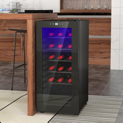 HOMCOM Weinkühlschrank Kompressor für 18 Flaschen, 50 L Getränkekühlschrank mit Glastür, 5-18°, Weinschrank mit Touchschlater, LED-Anzeige, Schwarz