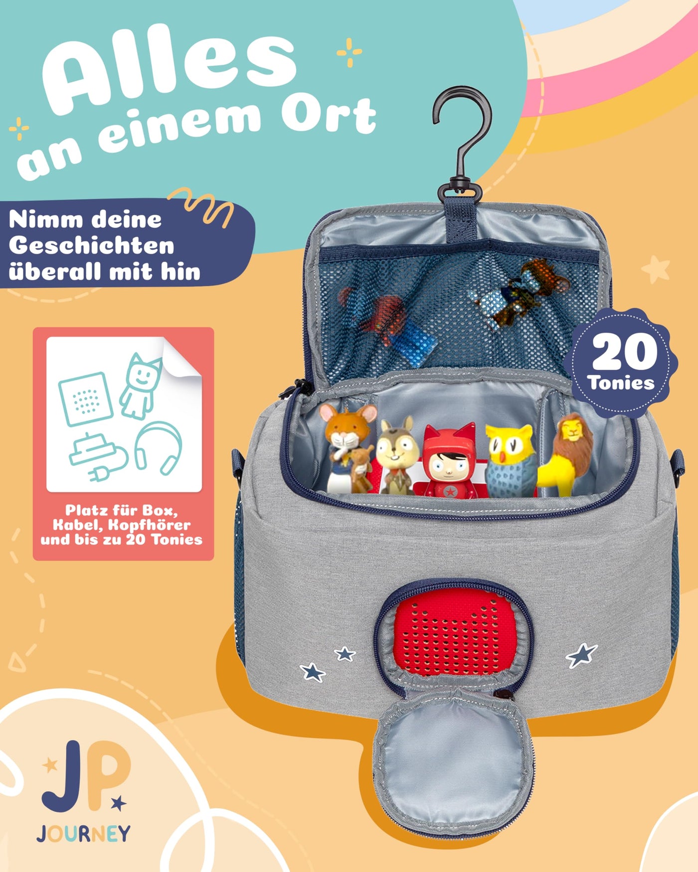 JP Journey Tasche für Toniebox - Transporttasche für Tonie Figuren und Box zum Aufhängen für Reisen und Auto (Grau-Blau Bär)