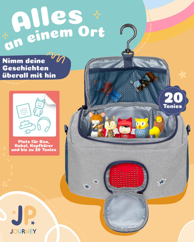 JP Journey Tasche für Toniebox - Transporttasche für Tonie Figuren und Box zum Aufhängen für Reisen und Auto (Grau-Blau Bär)