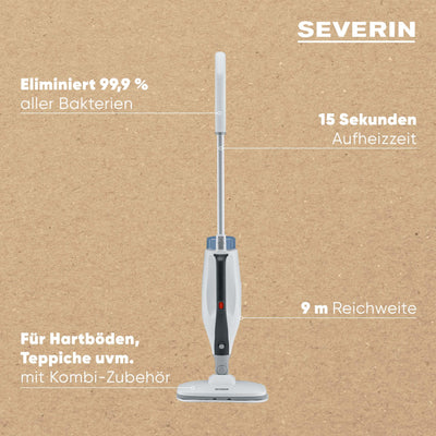 SEVERIN 2-in-1 Dampfreiniger mit Mehrzweck-Funktion & praktischem Kombi-Zubehör, für alle Hartböden und Teppiche, entfernt 99,9% Bakterien, nur 15 Sekunden Aufheizzeit, 9m Kabel, weiß/schwarz, SC 7145