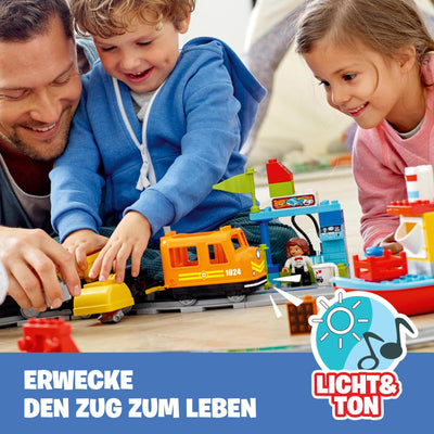 LEGO DUPLO Güterzug, „Push & Go“-Lok mit Lichtern und Geräuschen, Funktionssteinen und 2 Kranen, Spielzeug für Mädchen und Jungen ab 2 Jahren 10875