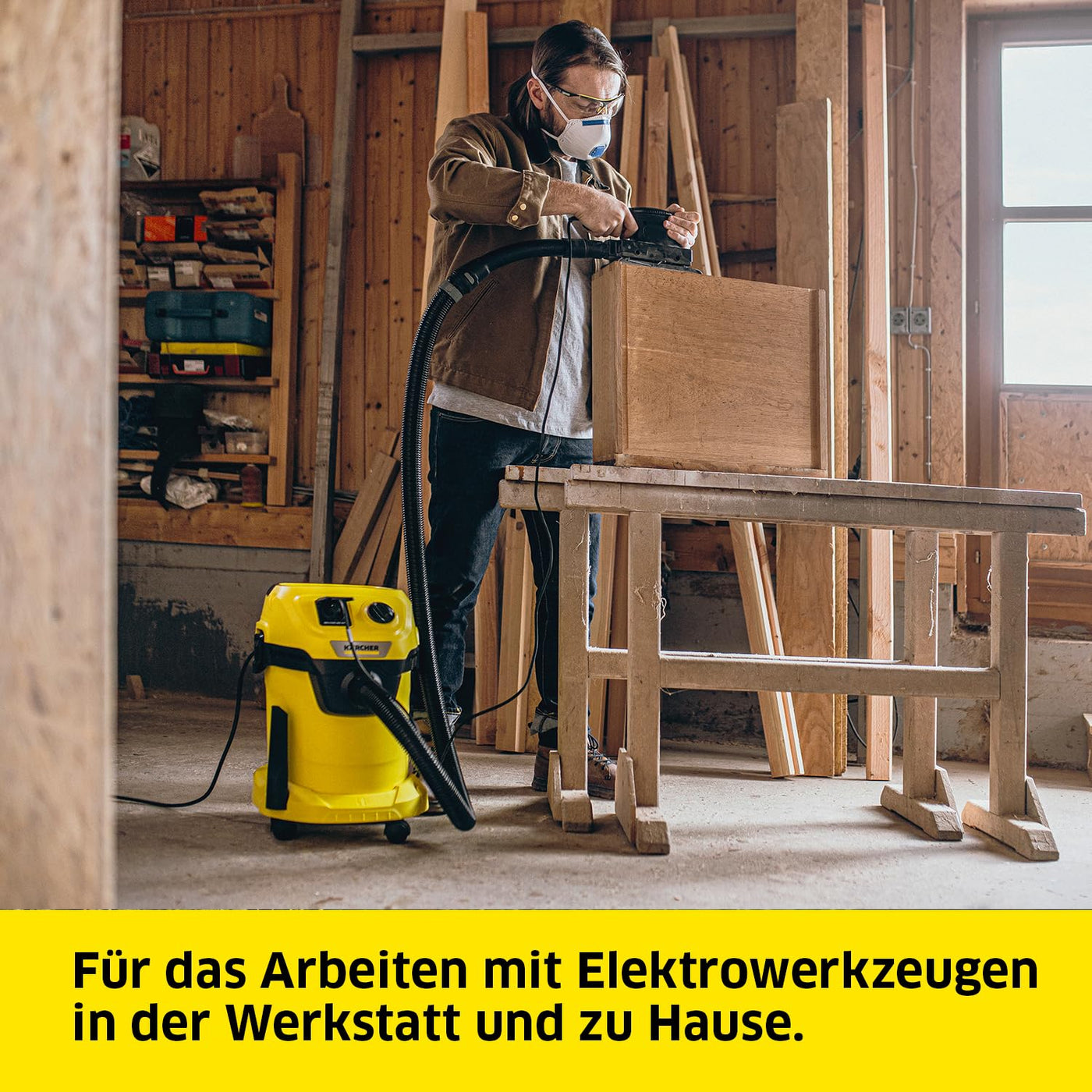 Kärcher Nass-/Trockensauger WD 3 P V-19/4/20, inkl. Patronenfilter, Vliesfilterbeutel, 1.000 W, Kunststoffbehälter: 19 l, Saugschlauch: 2 m, integrierte Steckdose für Elektrowerkzeuge