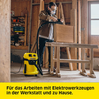 Kärcher Nass-/Trockensauger WD 3 P V-19/4/20, inkl. Patronenfilter, Vliesfilterbeutel, 1.000 W, Kunststoffbehälter: 19 l, Saugschlauch: 2 m, integrierte Steckdose für Elektrowerkzeuge